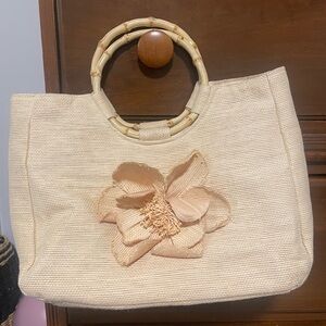 Neiman Marcus Cream Tote Bag with Bamboo Handle